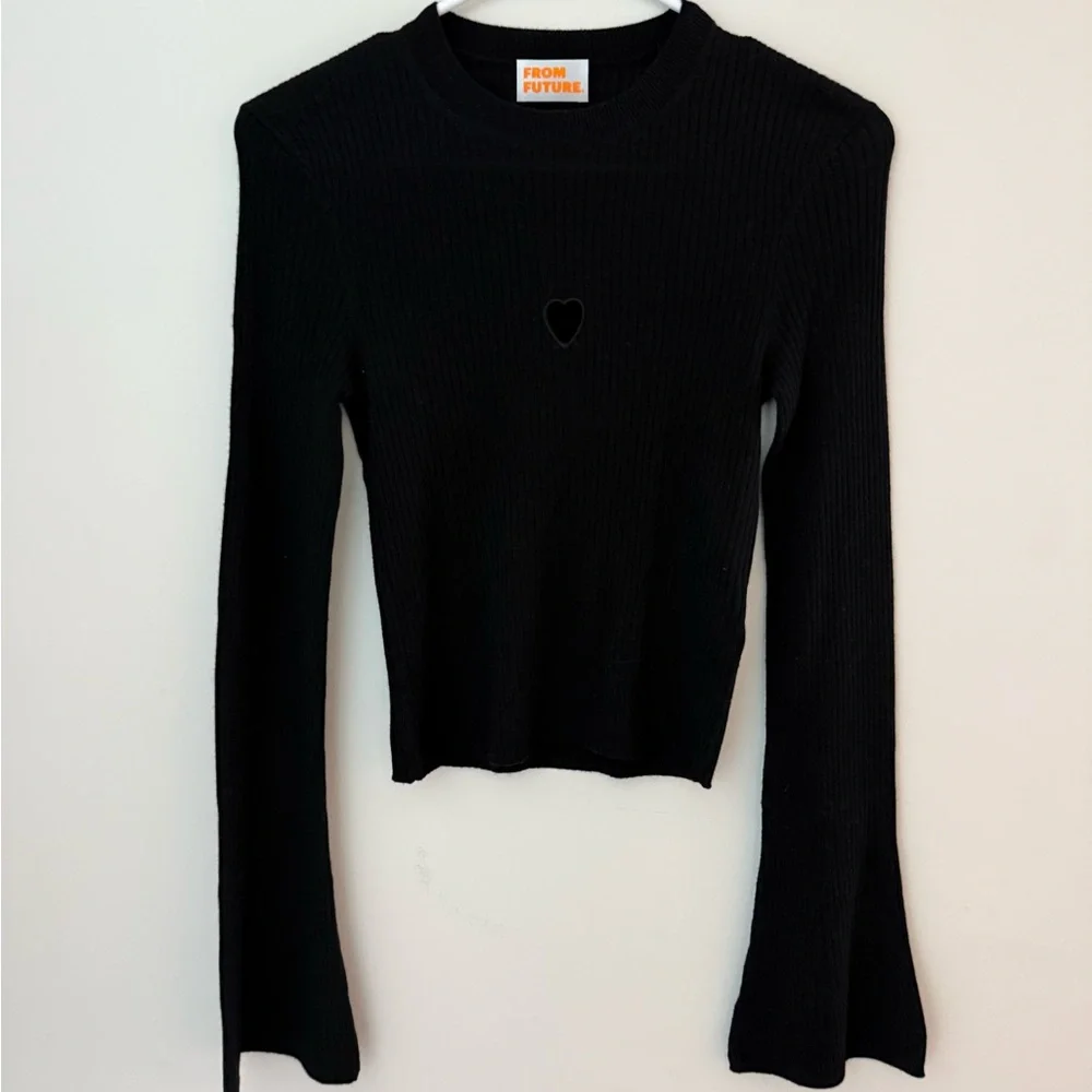 From Future Y2K 100% Wool Black Ribbed Sweater With Heart Cut Out NWT - Picture 1 of 5